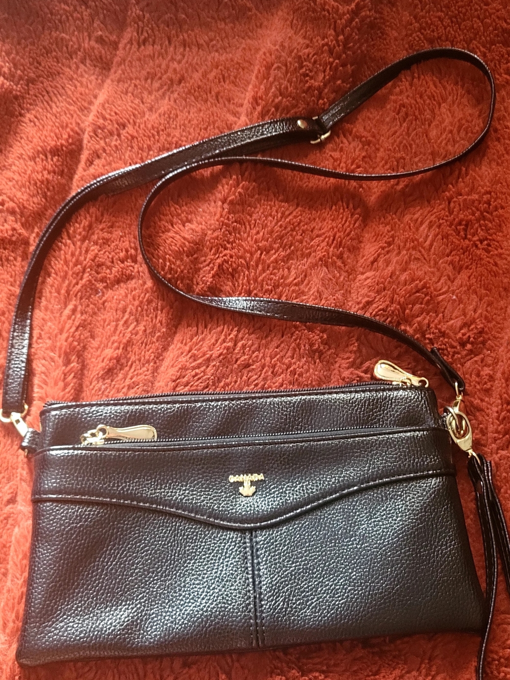 Black Crossbody Bag with Gold *CANADA* Hardware 3 Zip Compartment Convenient Fit